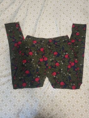 LuLaRoe Olive Green & Red Strawberry Print Leggings